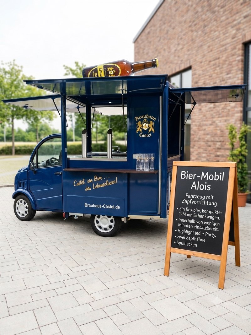 Blauer Bierwagen „Alois“ mit aufgeklappter Schankseite, zwei Zapfhähnen und Spülbecken