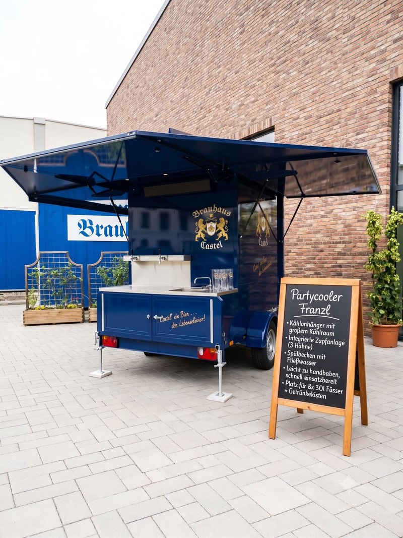 Blauer Bieranhänger „Franzl“ mit geöffneter Schankseite, Zapfanlage und Kühlraum